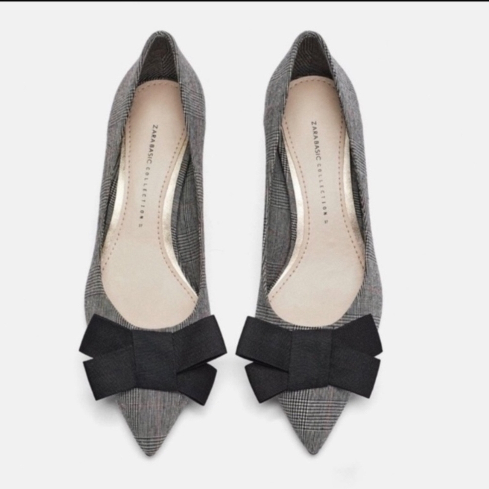 Zara Womenโs Black Gray Plaid Bow Mini Heels EU 36 Pumps Office Career Shoes